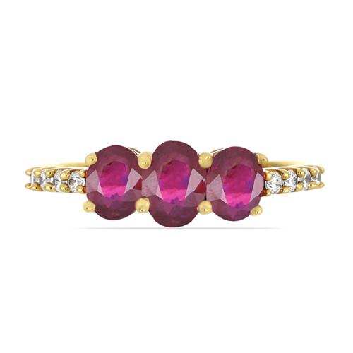 14K GOLD NATURAL GLASS FILLED RUBY GEMSTONE CLASSIC RING WITH WHITE DIAMOND